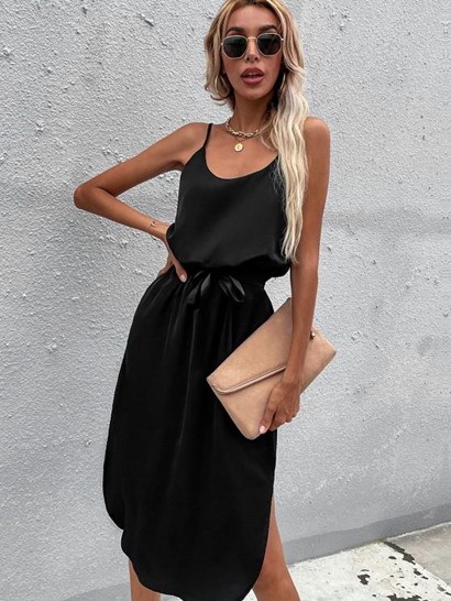 Curved Hem Cami Drawstring Midi Dress