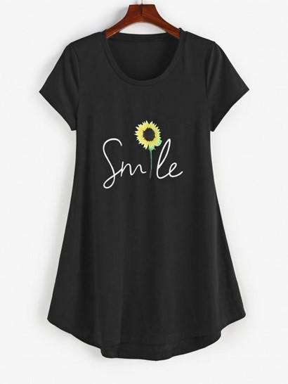 Sunflower Print Curved Hem T Shirt Dress