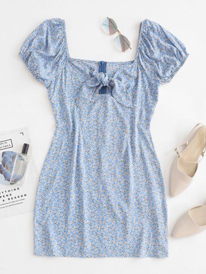 Tiny Floral Print Knotted Sheath Dress