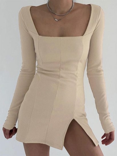 Square Collar Rib-knit Split Hem Slinky Dress