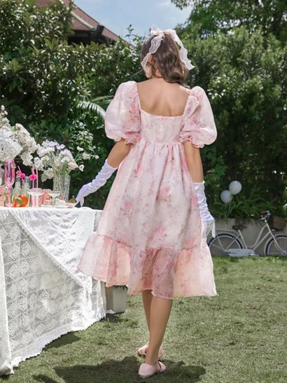 Floral Print Organza Puff Sleeves Pleated Detail Dress - Image 2