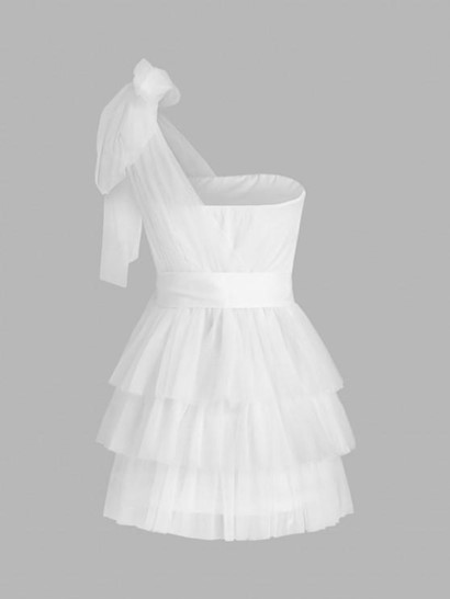 Tie One Shoulder Layered Mesh Mini Dress - Image 2