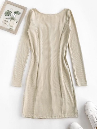 Square Collar Rib-knit Split Hem Slinky Dress - Image 2