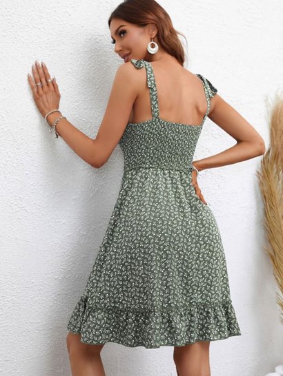 Ditsy Print Tie Shoulder Smocked Flounce Hem Dress - Image 2