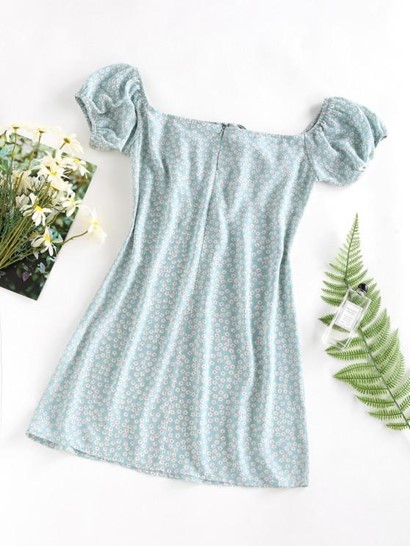 Ditsy Floral Ruched Puff Sleeve Tie Dress - Image 2