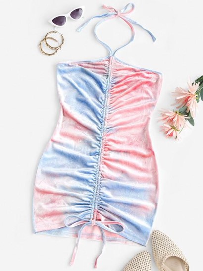 Tie Dye Velvet Cinched Bodycon Ruched Dress - Image 3