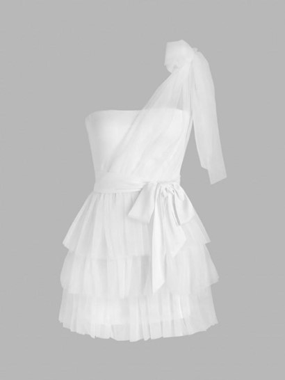 Tie One Shoulder Layered Mesh Mini Dress - Image 3