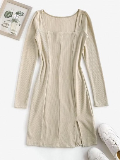 Square Collar Rib-knit Split Hem Slinky Dress - Image 3