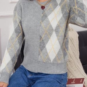 Argyle Ribbed Drop Shoulder Sweater