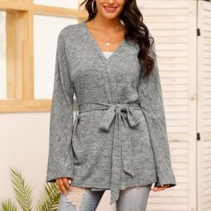 V Neck Belted Heathered Cardigan