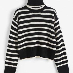 Turtleneck Striped Drop Shoulder Sweater
