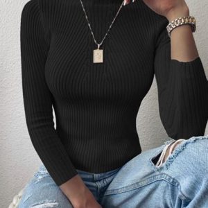 Pullover Mock Neck Plain Slim Sweater
