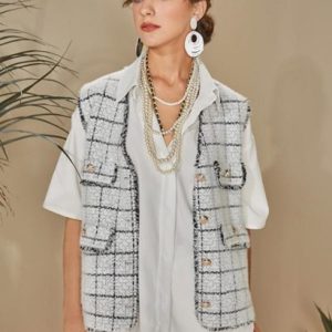 Plaid Frayed Flap Detail Vest Cardigan