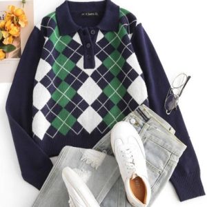 Pullover Button Front Plaid Sweater
