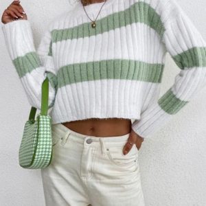 Crewneck Two Tone Striped Fuzzy Sweater