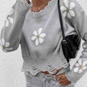 Ripped Distressed Flower Graphic Sweater