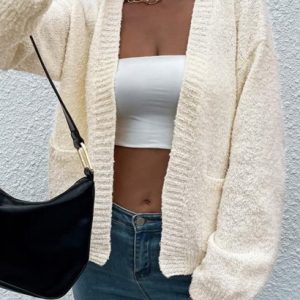 Open Front Solid Boucle Knit Cardigan