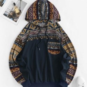Front Pocket Drawstring Ethnic Printed Hoodie