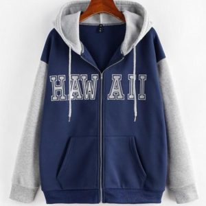 Colorblock Letter Embroidered Zip Up Hoodie