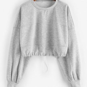 Drop Shoulder Drawstring Waist Cropped Sweatshirt