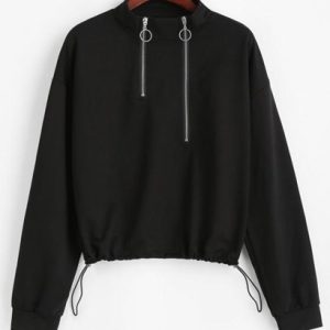 Zippered Front Toggle Drawstring Hem Sweatshirt