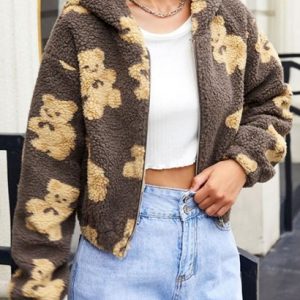 Faux Shearling Funny Bear Fluffy Zip Hoodie