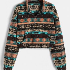Half Zip Ethnic Graphic Faux Shearling Sweatshirt