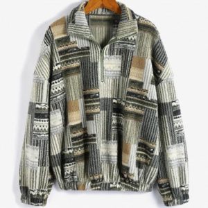 Aztec Print Drop Shoulder Half Zip Teddy Sweatshirt
