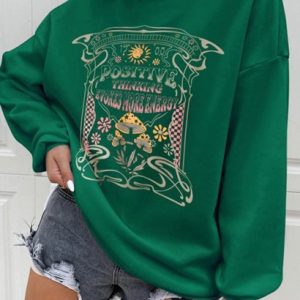 Positive Mushroom Sun Floral Print Pullover Sweatshirt