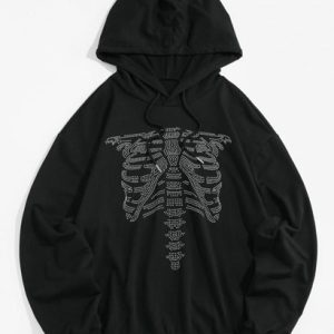 Halloween Abstract Skeleton Graphic Slouchy Drawstring Hoodie