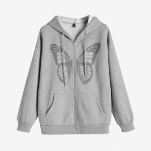 Pockets Zip Up Butterfly Rhinestones Hoodie