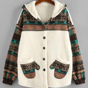 Hooded Tribal Faux Shearling Insert Pocket Jacket