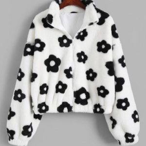 Fluffy Floral Graphic Faux Fur Jacket