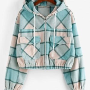 Woolen Plaid Pocket Hooded Jacket