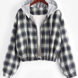 Fuzzy Flannel Hooded Faux Shearling Lined Plaid Jacket