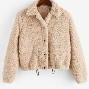 Snap Button Toggle Drawstring Teddy Coat