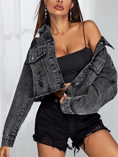 Distressed Frayed Drop Shoulder Denim Jacket