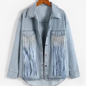 Fringed Rhinestones Button Up Denim Jacket