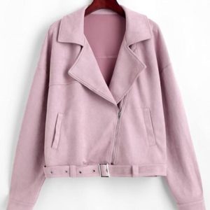 Zip Up Belted Faux Suede Jacket