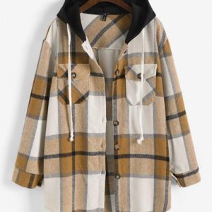 Contrast Hooded Plaid Patch Pockets Coat