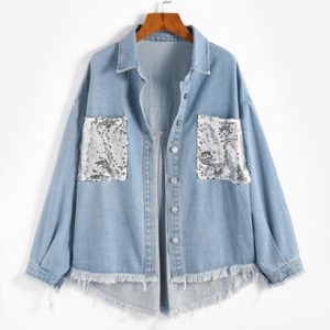 Frayed Front Pockets Sequined Denim Jacket