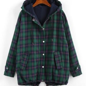 Drawstring Hooded Plaid Fleece Lined Jacket