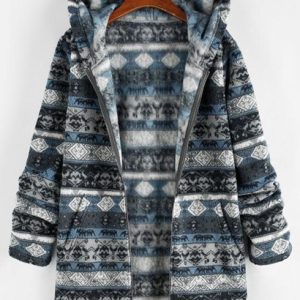 Ethnic Faux Shearling Zip Hooded Coat