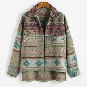 Ethnic Aztec Print Cargo Pockets High Low Jacket