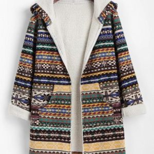 Tribal Print Zip Up Fleece Lined Coat