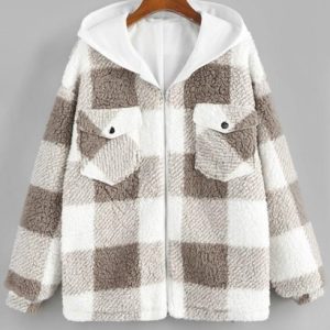 Plaid Hooded Pocket Drop Shoulder Teddy Coat