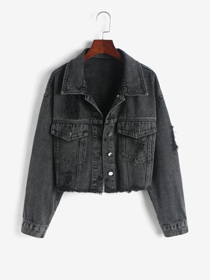 Distressed Frayed Drop Shoulder Denim Jacket - Image 3