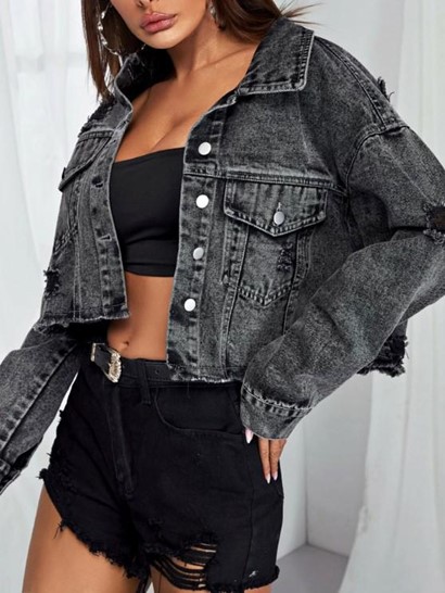 Distressed Frayed Drop Shoulder Denim Jacket - Image 4